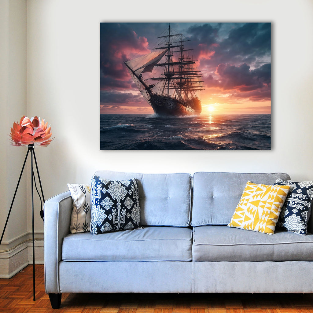 Wandbild Segelschiff Antik Vollschiff Sonnenuntergang Gegenlicht Dramatische Wolken Kunstdruck auf Leinwand