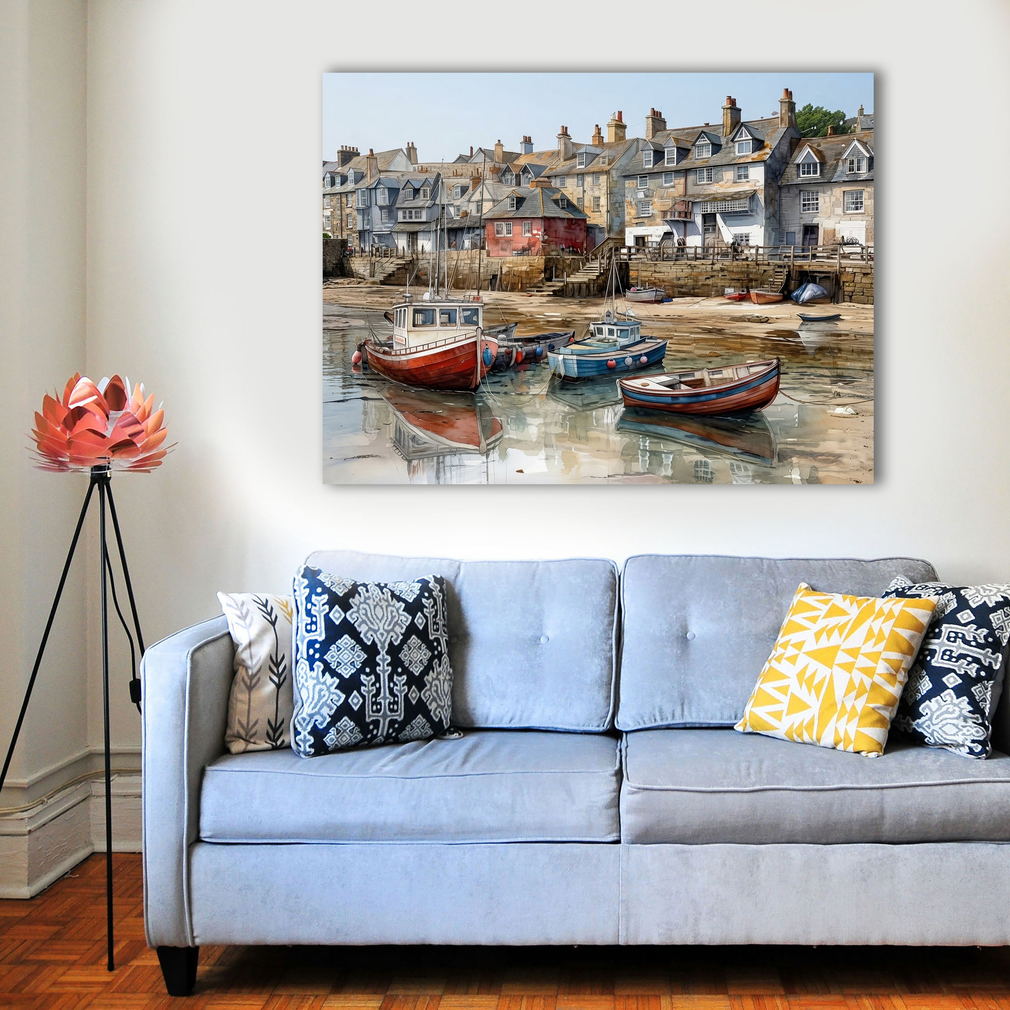 Wandbild Fischerboot Hafen Aquarell Ebbe Rotes Backsteinhaus Steintreppe Sandgrund Kunstdruck auf Leinwand