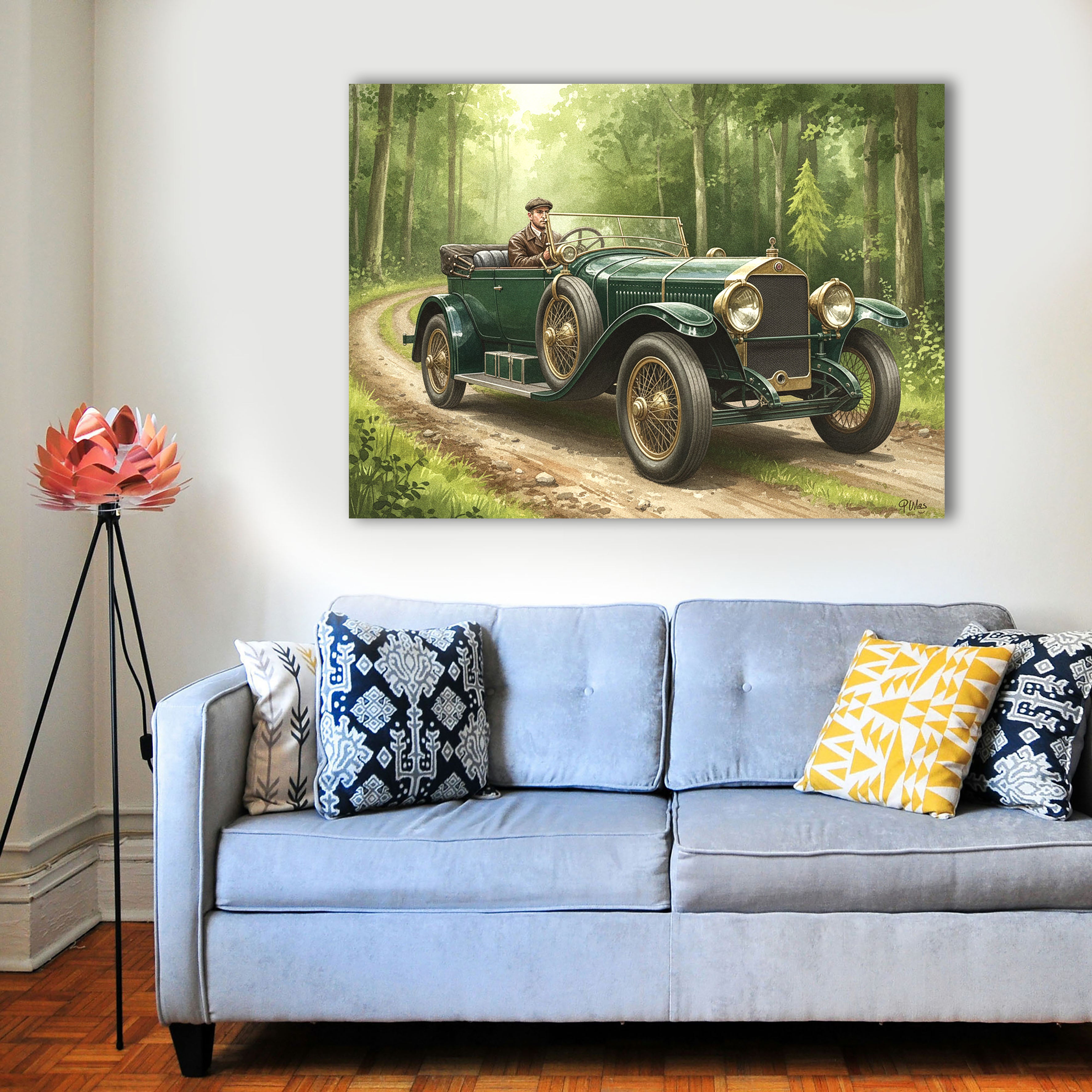 Wandbild Oldtimer Grüner Tourenwagen Fahrer Waldweg Sonnenlicht Kunstdruck auf Leinwand