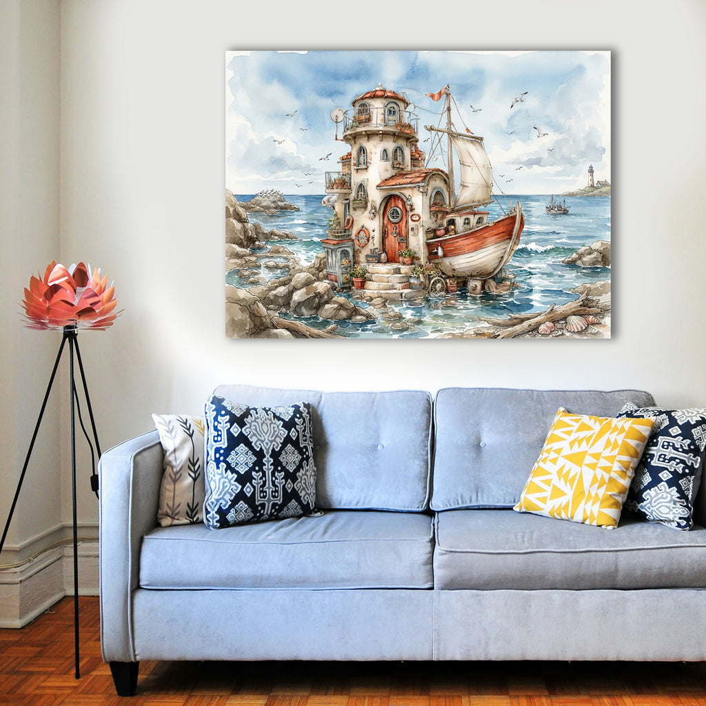 Hausboot Karikatur 1 Wandbild Kunstdruck auf Leinwand