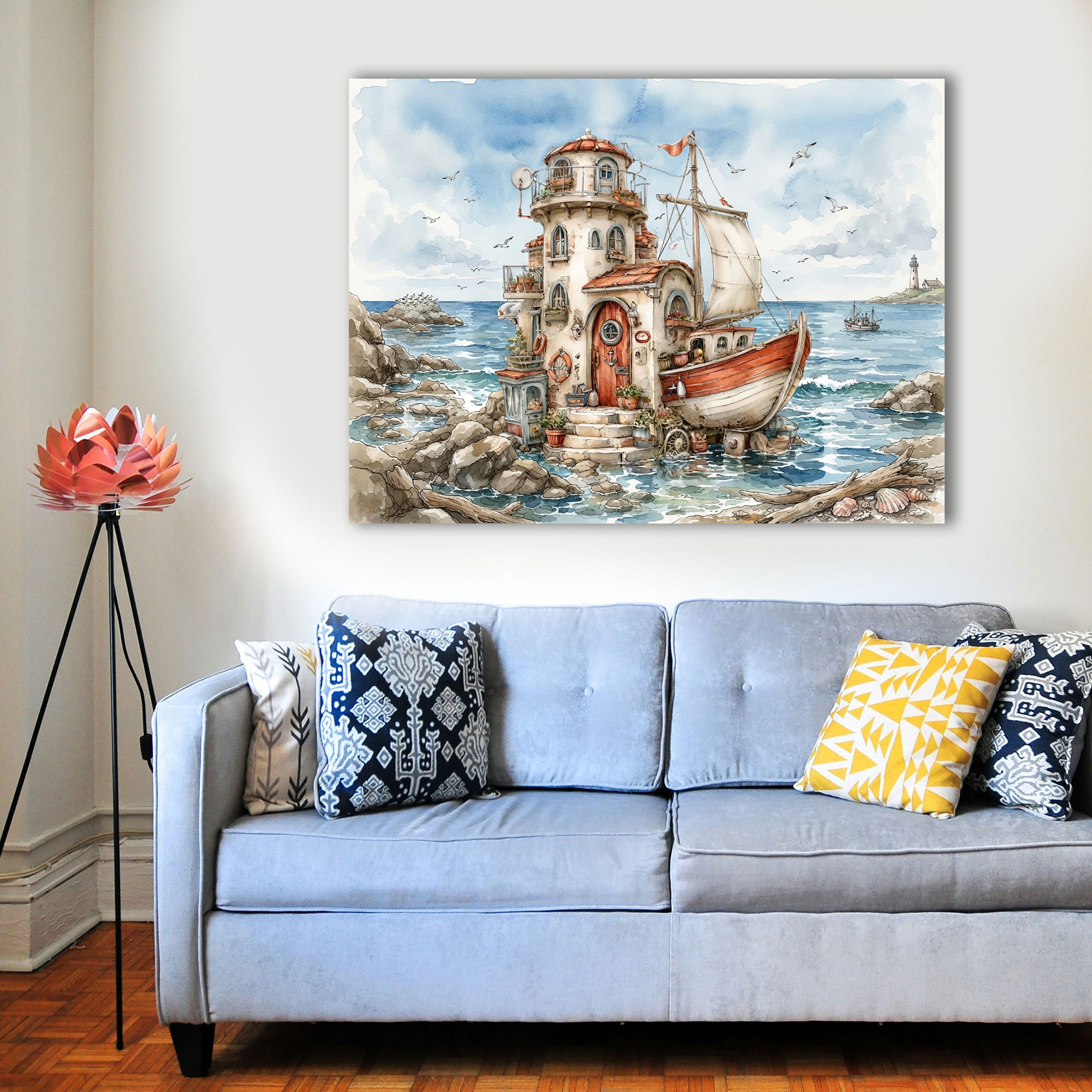 Hausboot Karikatur 1 Wandbild Kunstdruck auf Leinwand