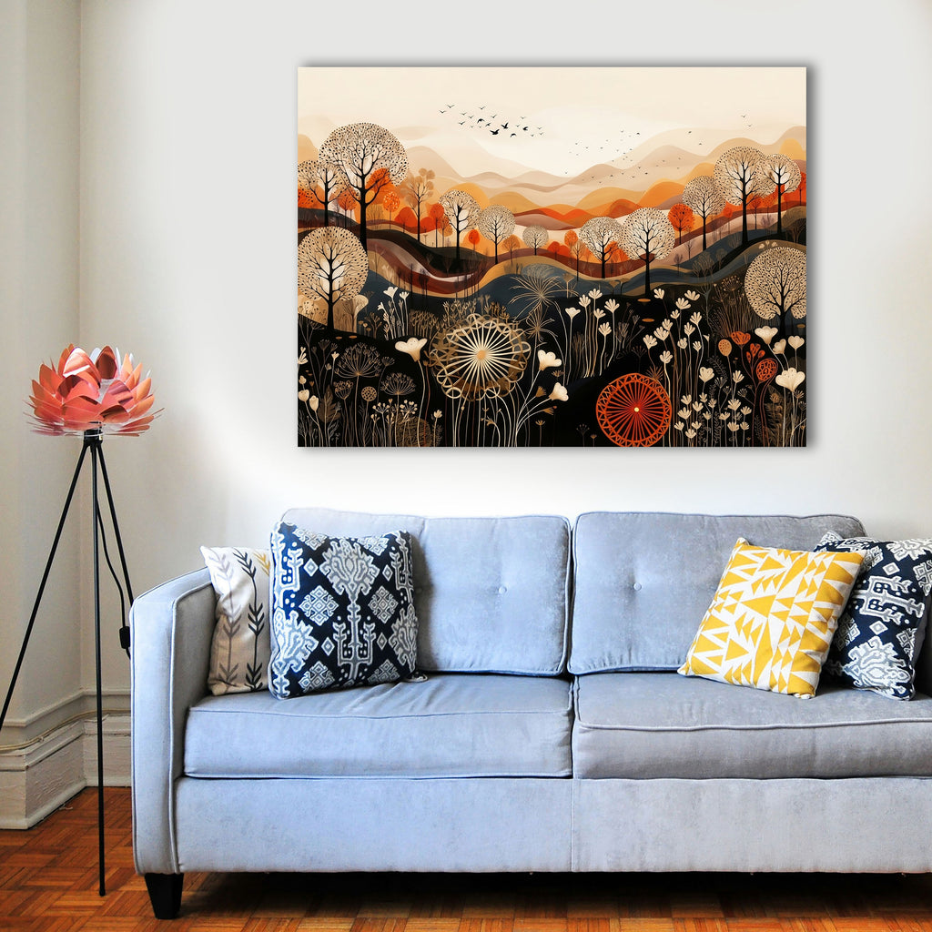 Wandbild Boho Art Herbstlandschaft Wildblumen Wellen Illustrationsstil Kunstdruck auf Leinwand
