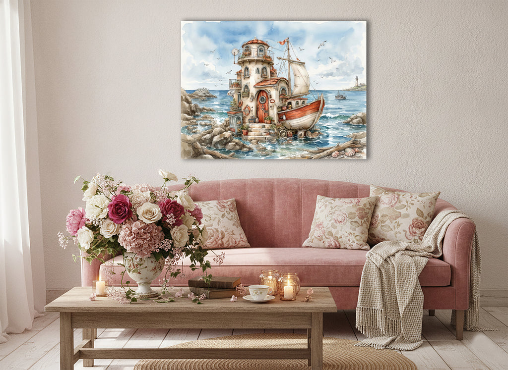 Hausboot Karikatur 1 Wandbild Kunstdruck auf Leinwand