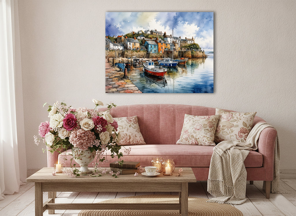 Wandbild Fischerboot Hafen Aquarell Bunte Häuser Kopfsteinpflaster Kunstdruck auf Leinwand