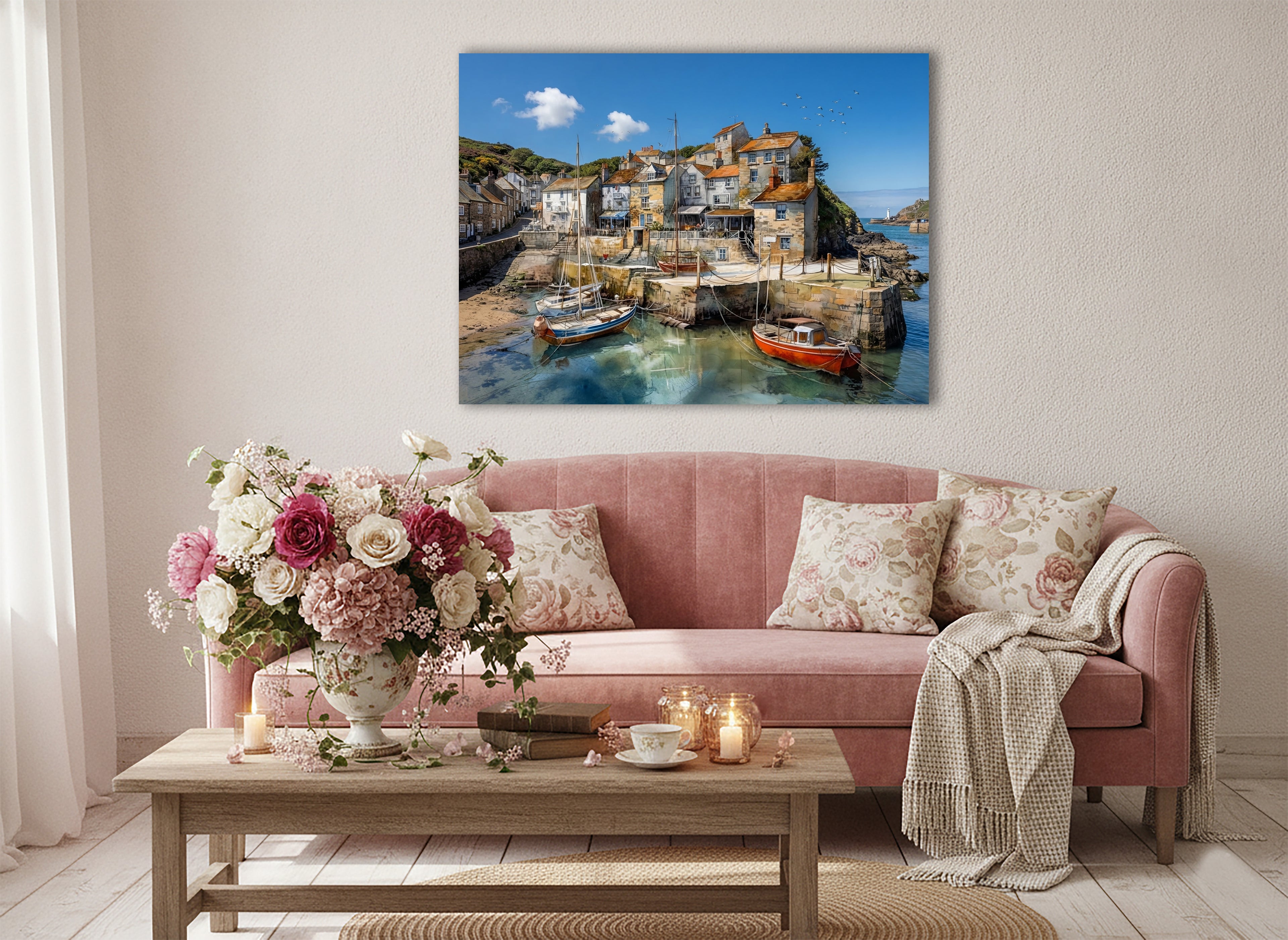 Wandbild Fischerboot Hafen Segelboot Felsvorsprung Leuchtturm Türkises Wasser Kunstdruck auf Leinwand