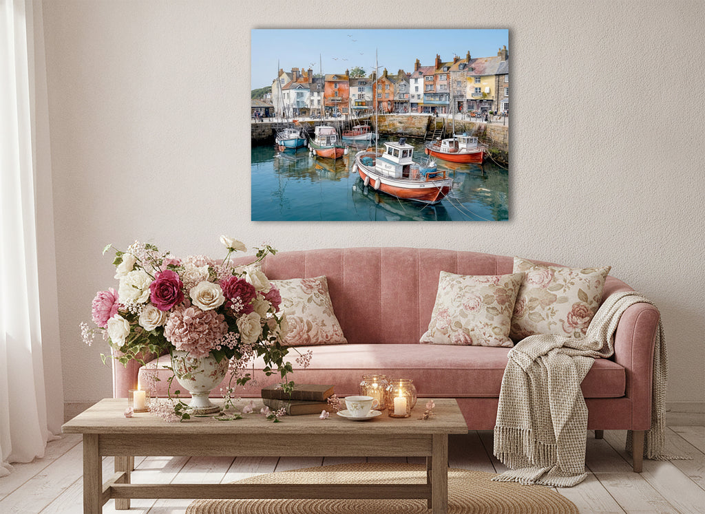 Wandbild Fischerboot Hafen Oranges Hochhaus Fünf Boote Segelmasten Fahrräder Kai Kunstdruck auf Leinwand
