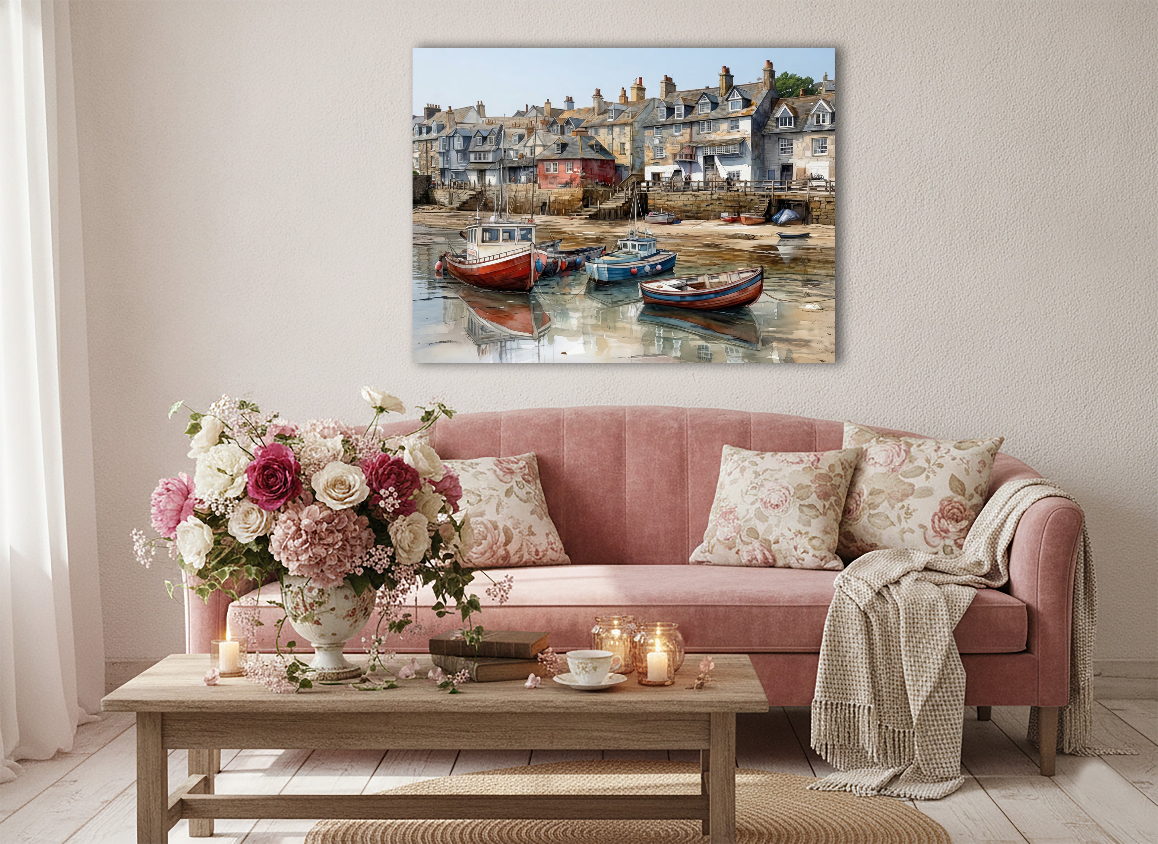 Wandbild Fischerboot Hafen Aquarell Ebbe Rotes Backsteinhaus Steintreppe Sandgrund Kunstdruck auf Leinwand