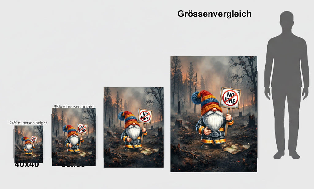 Feuerwehr Wichtel im ausgebrannten Wald mit No Fire Schild Kunstdruck auf Leinwand