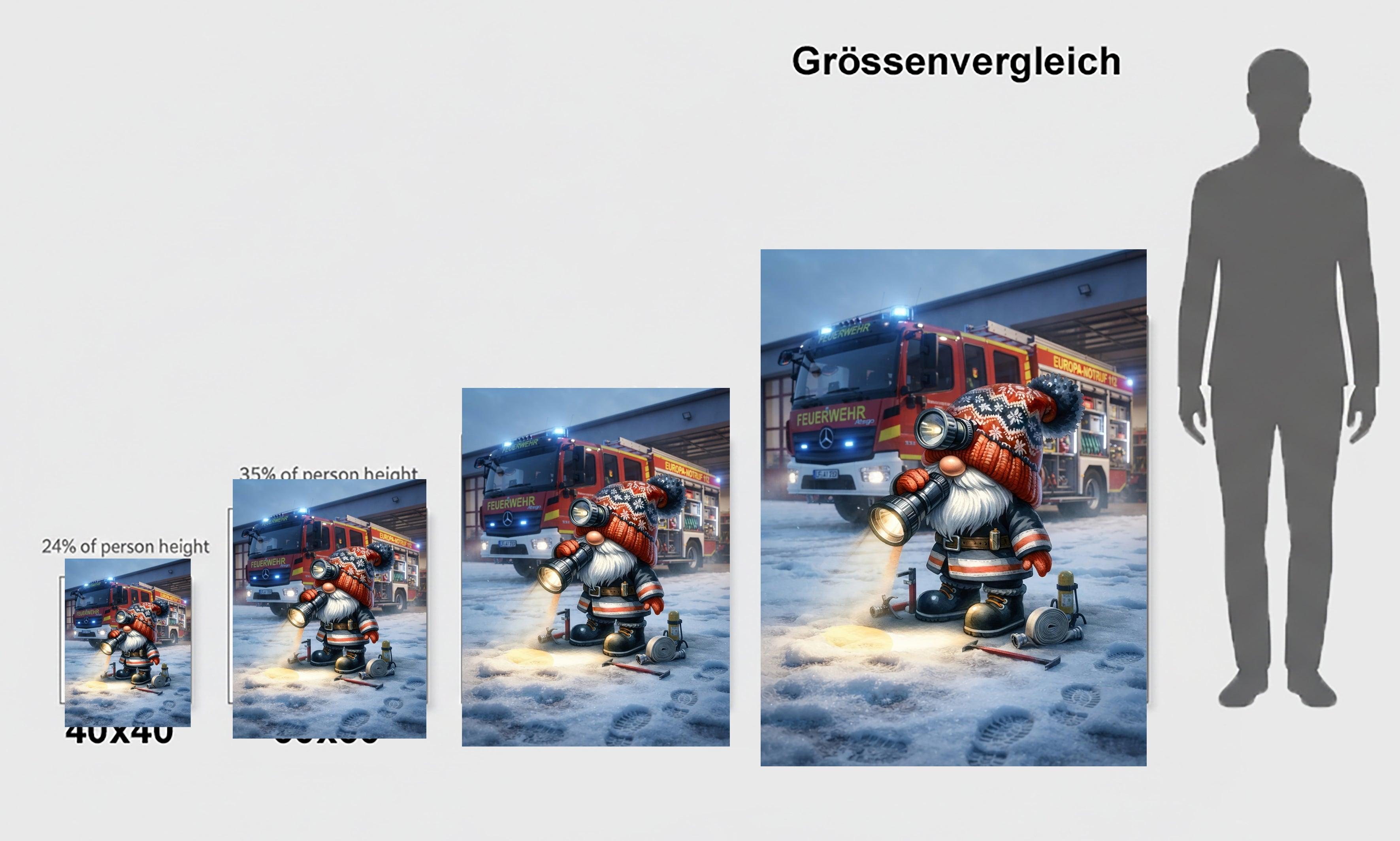 Feuerwehr Wichtel Wintereinsatz mit Taschenlampe Kunstdruck auf Leinwand
