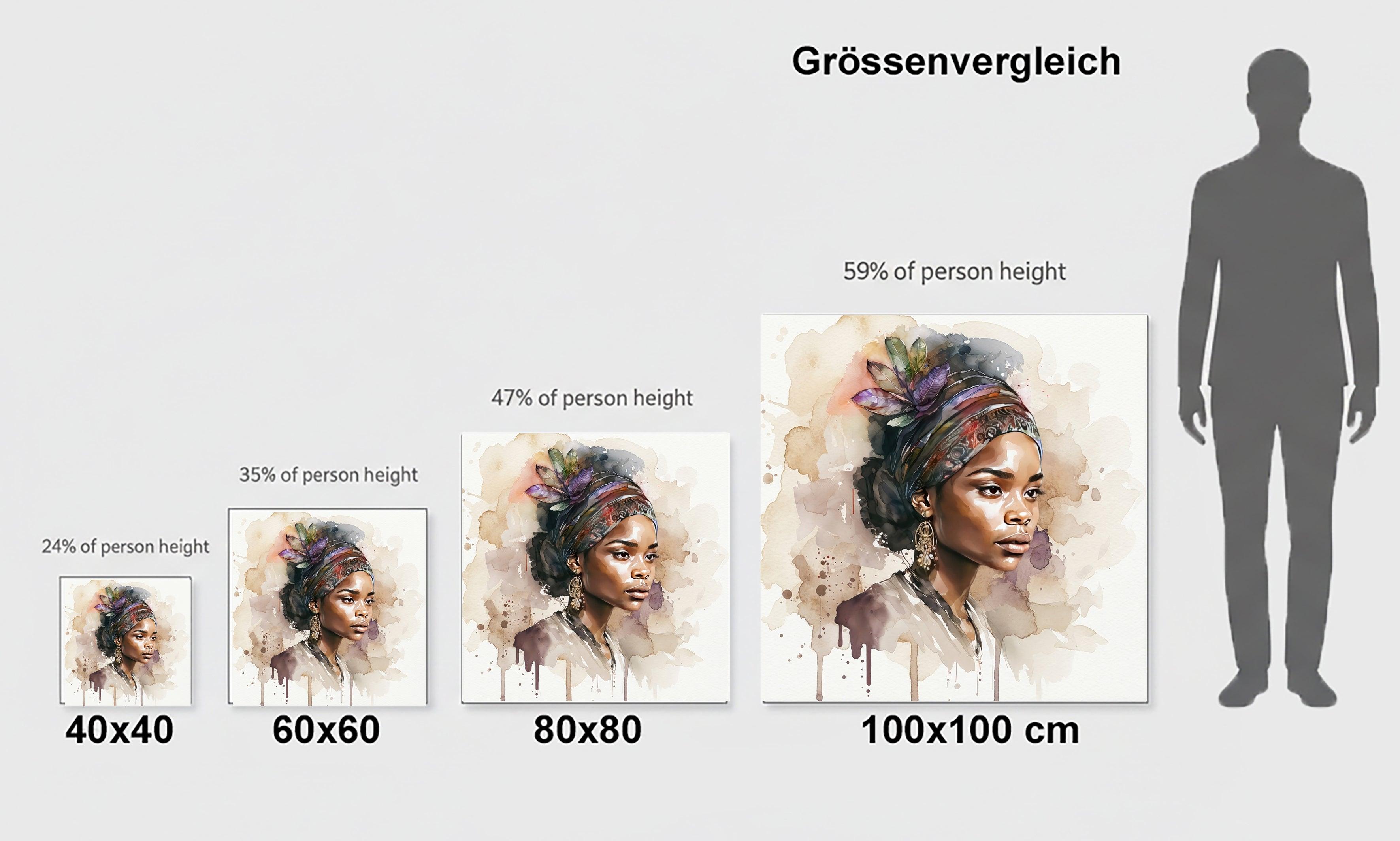 Afrikanerin Nr. 10 – Portrait mit Turban und Blattschmuck Aquarell Kunstdruck auf Leinwand