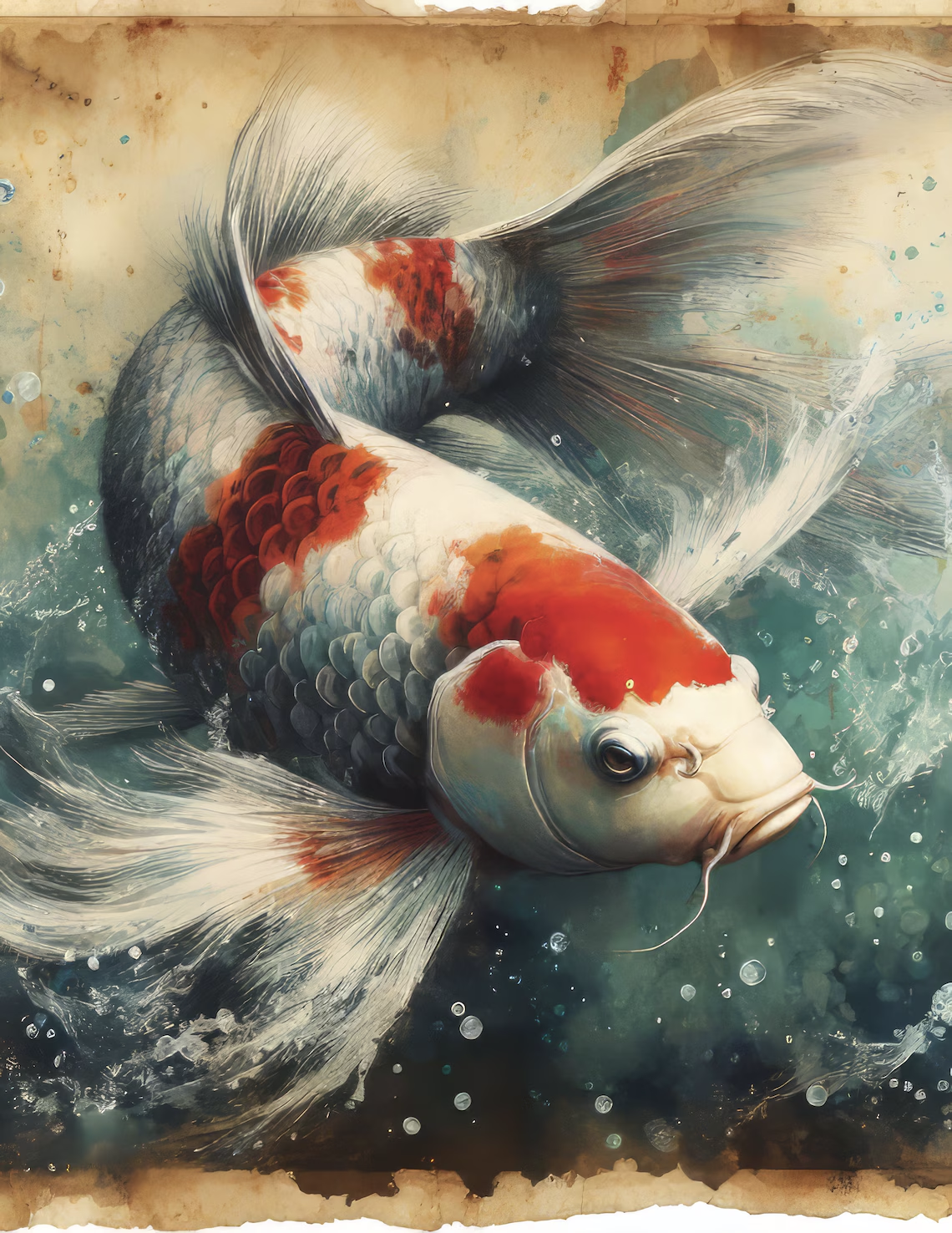 Wandbild Koi Karpfen Nahaufnahme Rot Grau Aquarell Vintage Kunstdruck auf Leinwand