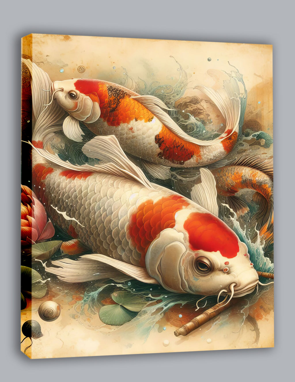 Wandbild Koi Karpfen Zwei Lotus Bambusstab Aquarell Vintage Kunstdruck auf Leinwand