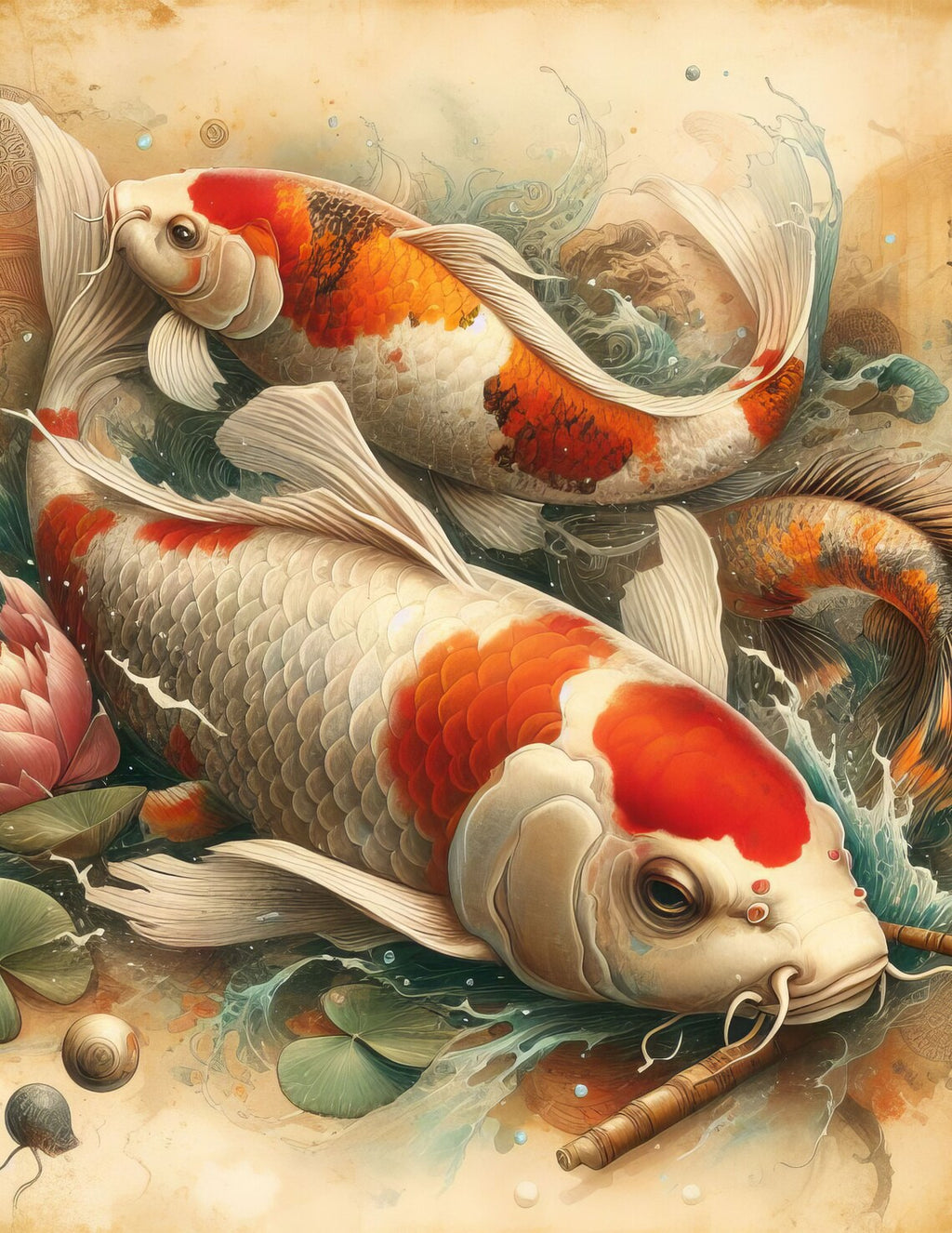 Wandbild Koi Karpfen Zwei Lotus Bambusstab Aquarell Vintage Kunstdruck auf Leinwand