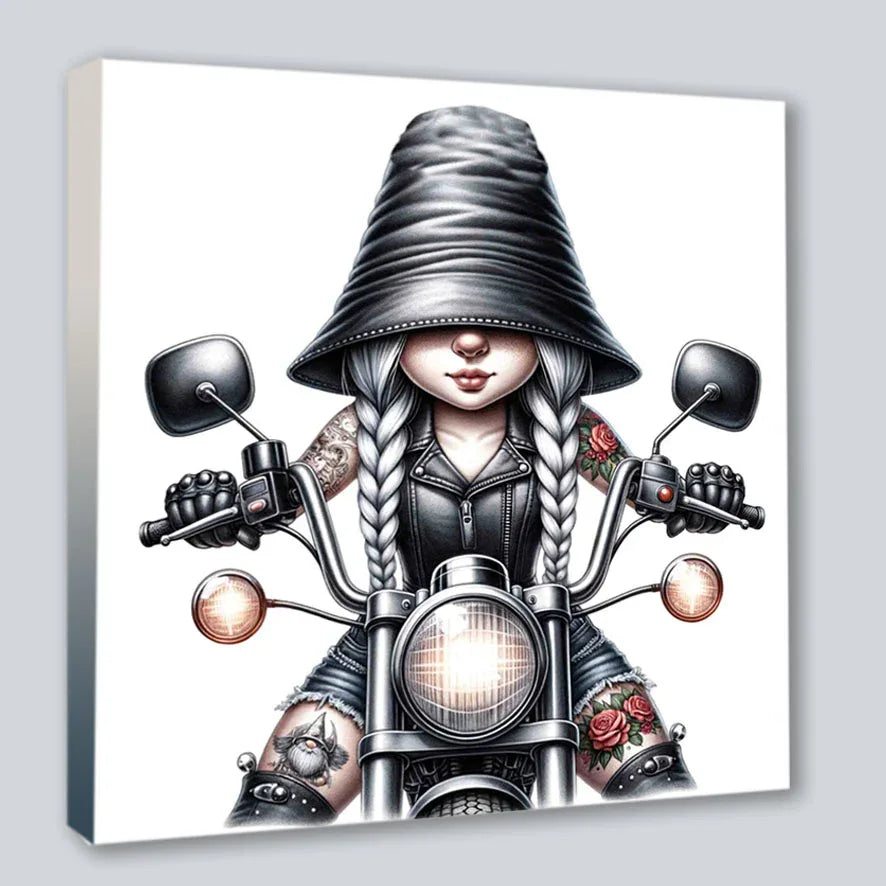 Wandbild Bikergirl Gnom 6 Kunstdruck auf Leinwand direkt zum Aufhängen | Wandbild Galerie