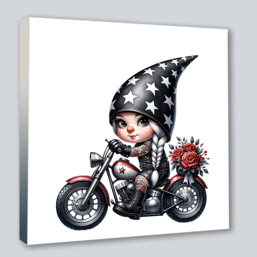 Wandbild Bikergirl Gnom 8 Kunstdruck auf Leinwand direkt zum Aufhängen | Wandbild Galerie