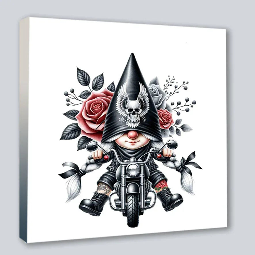 Wandbild Bikergirl Gnom 2 Kunstdruck auf Leinwand direkt zum Aufhängen | Wandbild Galerie