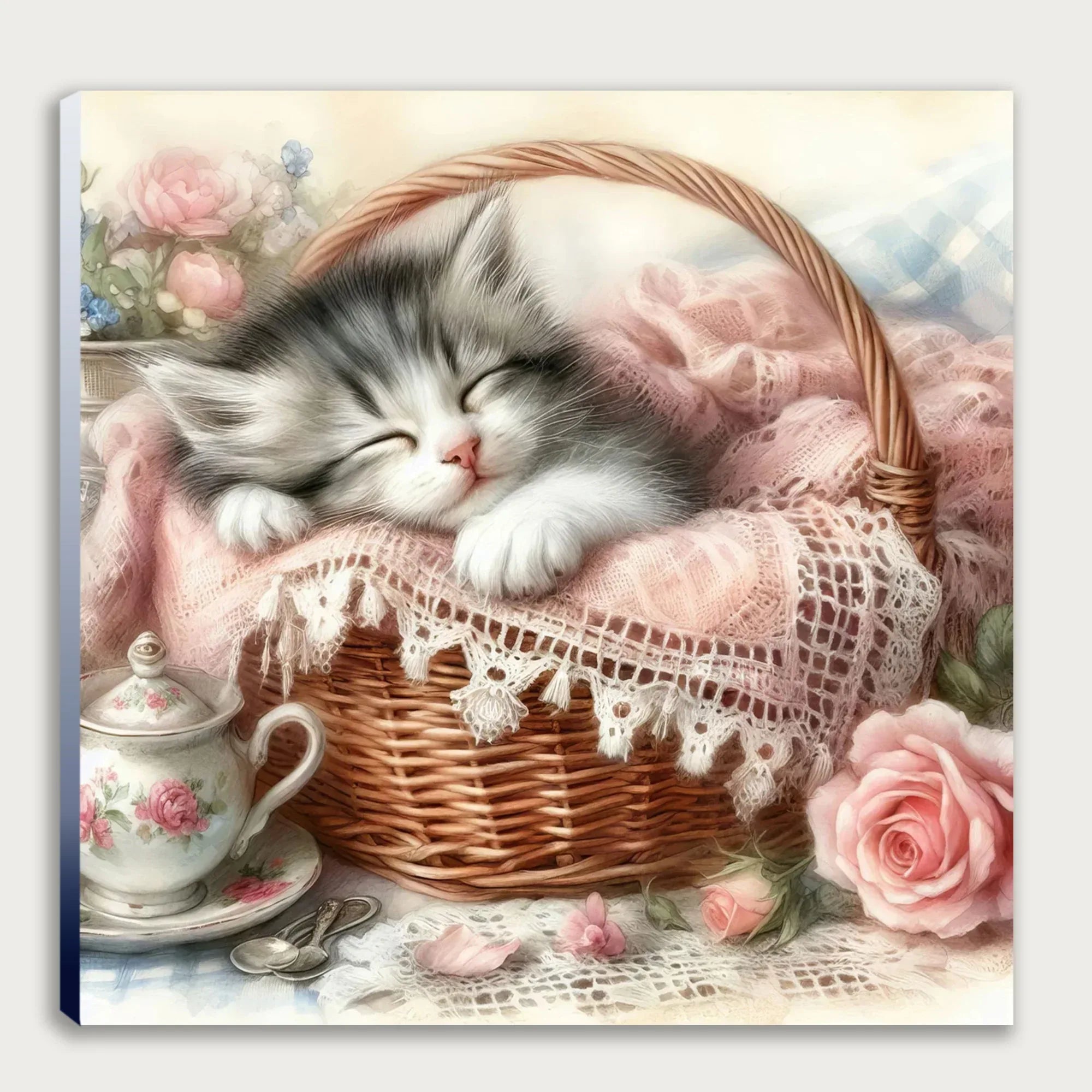 Katzenbaby im Korb 76 Wandbild Kunstdruck auf Leinwand | Wandbild Galerie