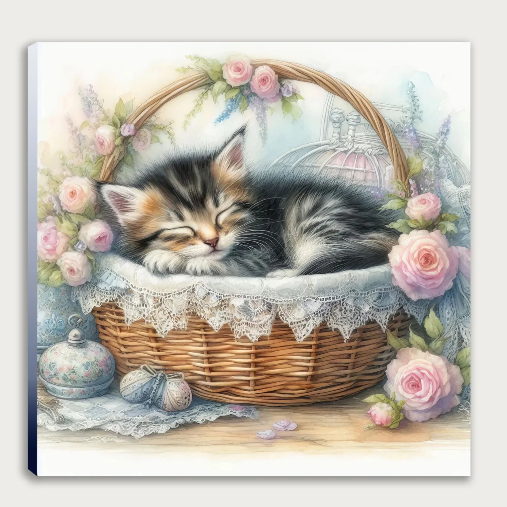 Katzenbaby im Korb 5 Wandbild Kunstdruck auf Leinwand | Wandbild Galerie