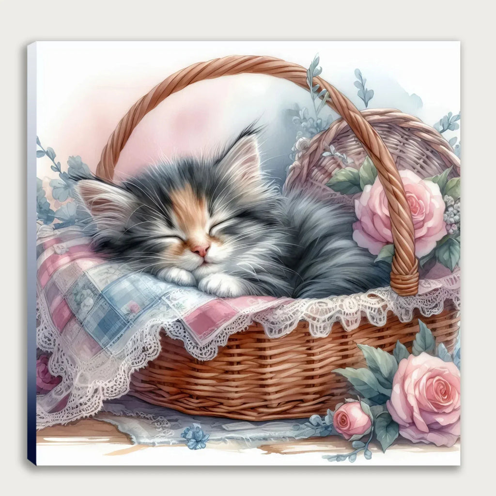 Katzenbaby im Korb 4 Wandbild Kunstdruck auf Leinwand | Wandbild Galerie