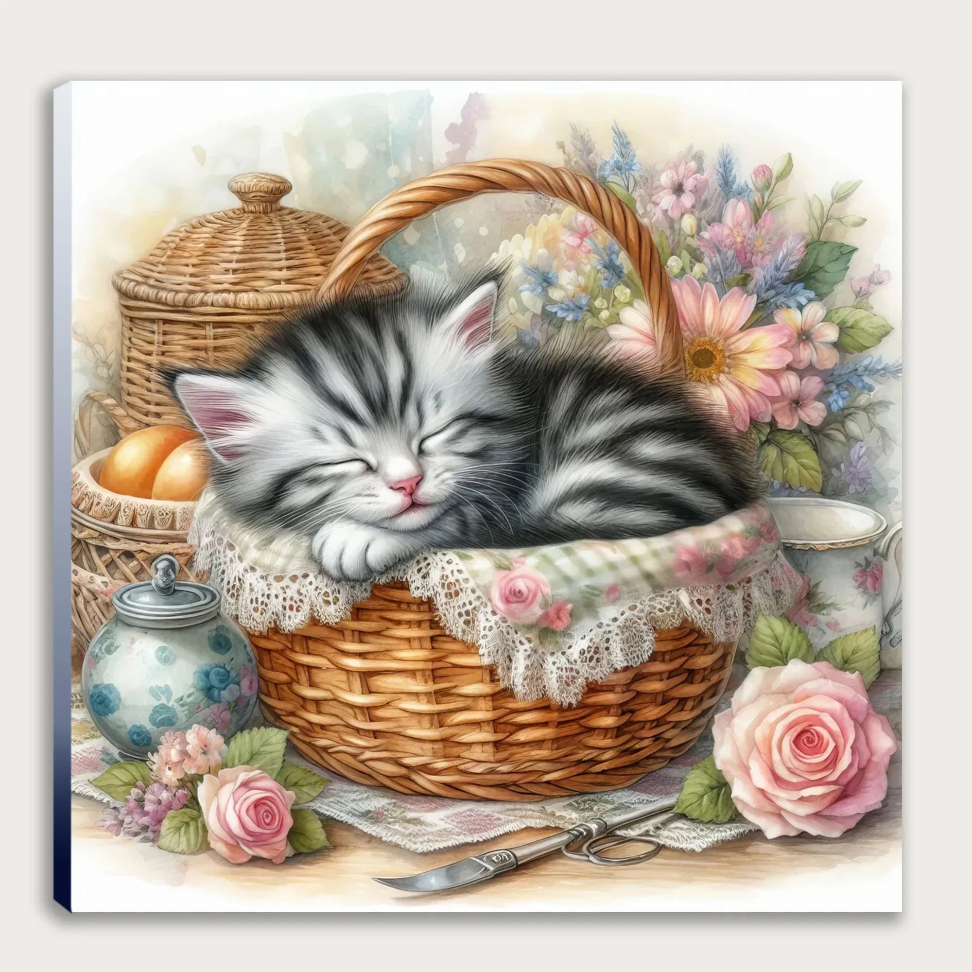 Katzenbaby im Korb 2 Wandbild Kunstdruck auf Leinwand | Wandbild Galerie