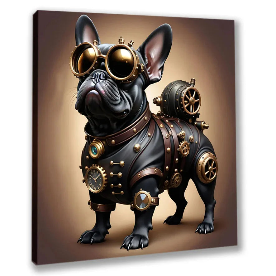 Wandbild Bulldogge 3 französich Steampunk Kunstdruck auf Leinwand | Wandbild Galerie
