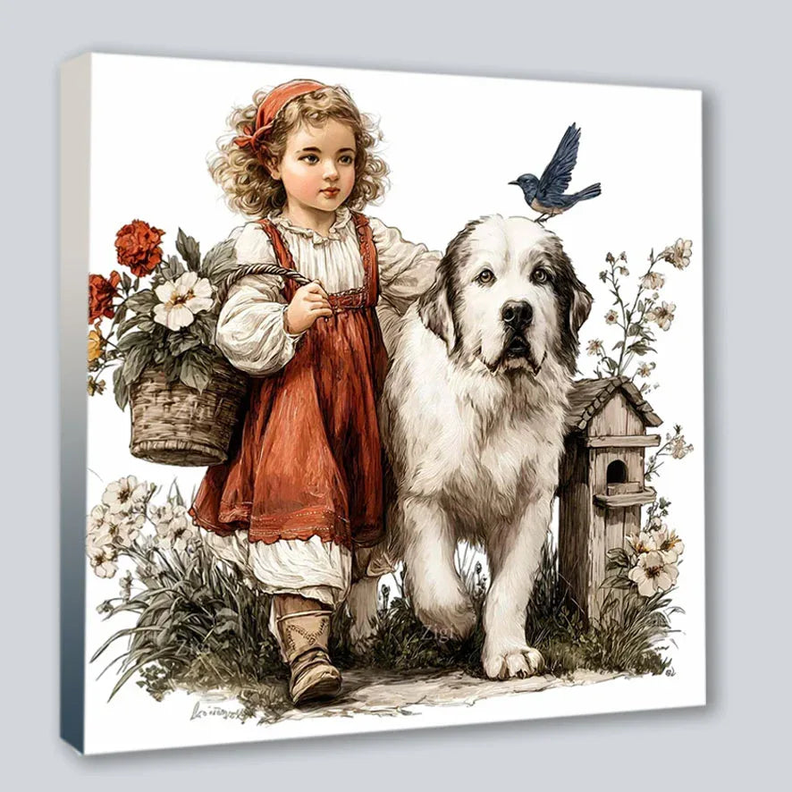 Wandbild Vintage Mädchen mit Hund 4 Kunstdruck auf Leinwand | Wandbild Galerie