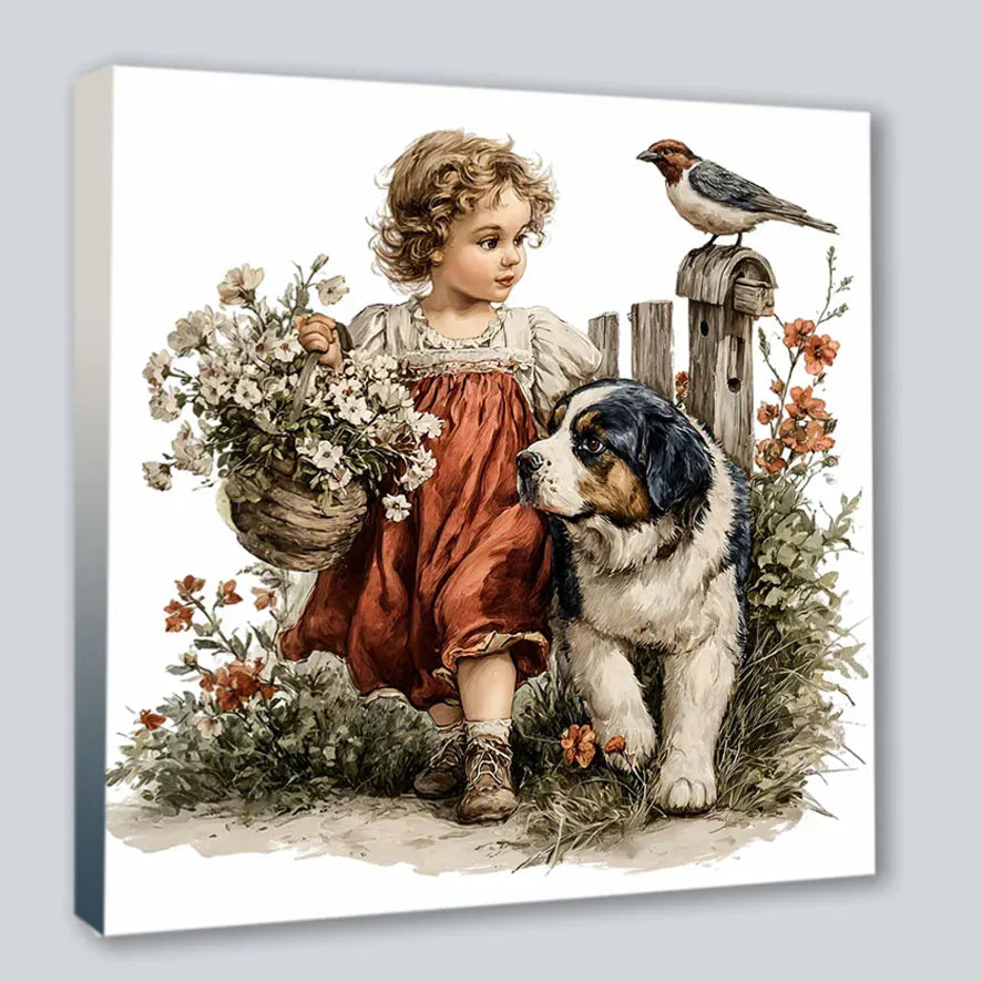 Wandbild Vintage Mädchen mit Hund 2 Kunstdruck auf Leinwand | Wandbild Galerie