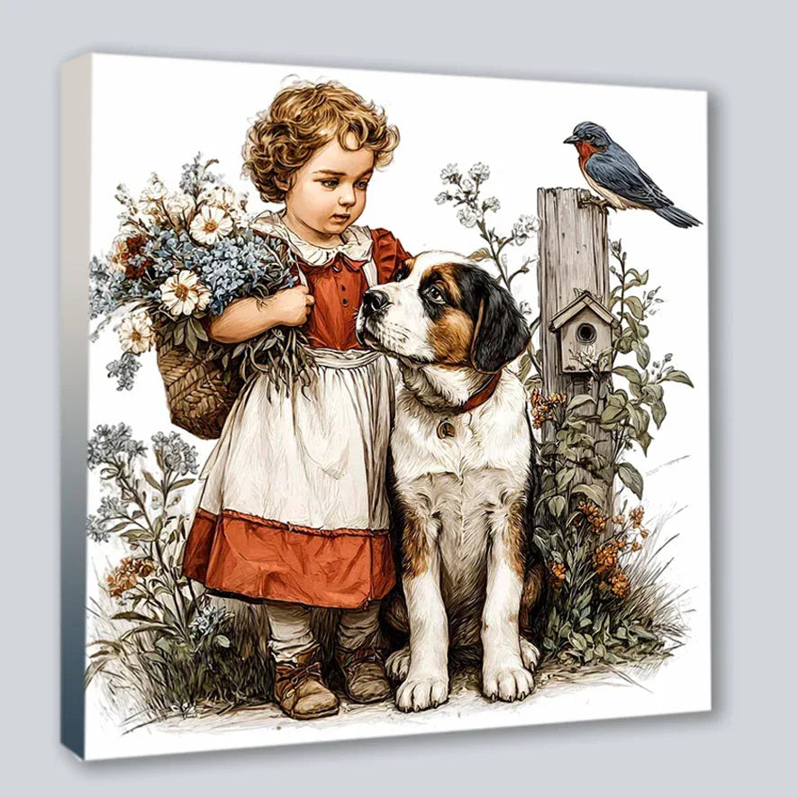 Wandbild Vintage Mädchen mit Hund 3 Kunstdruck auf Leinwand | Wandbild Galerie