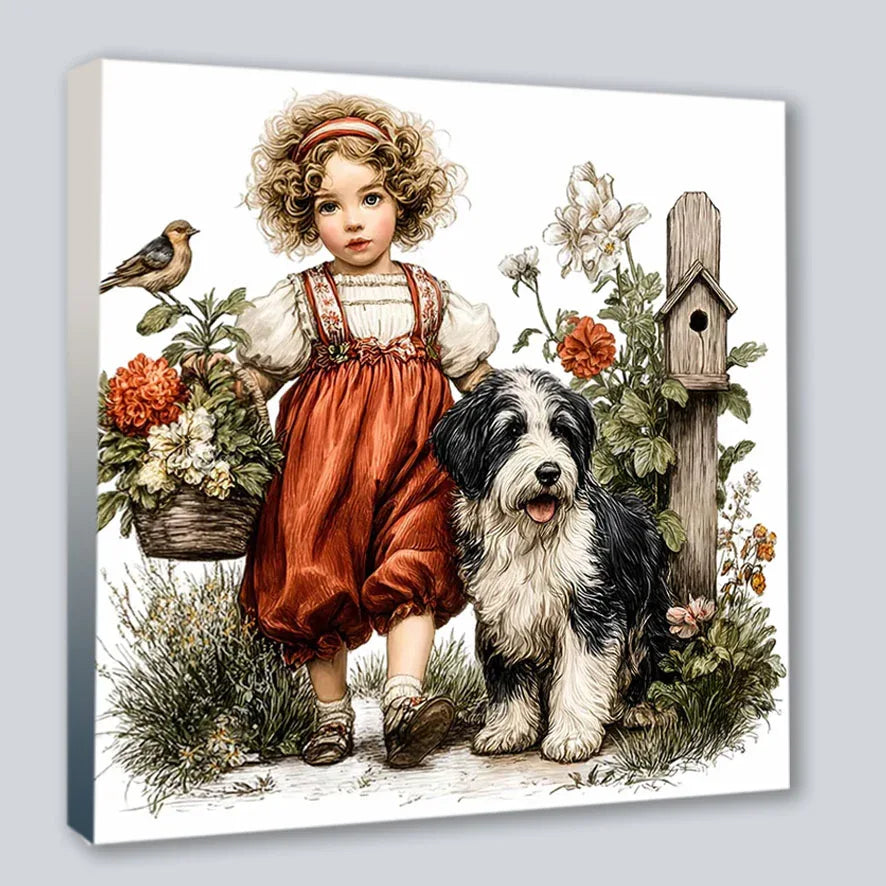 Wandbild Vintage Mädchen mit Hund Kunstdruck auf Leinwand direkt zum Aufhängen | Wandbild Galerie