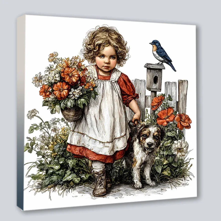 Wandbild Vintage Mädchen mit Hund 7 Kunstdruck auf Leinwand | Wandbild Galerie
