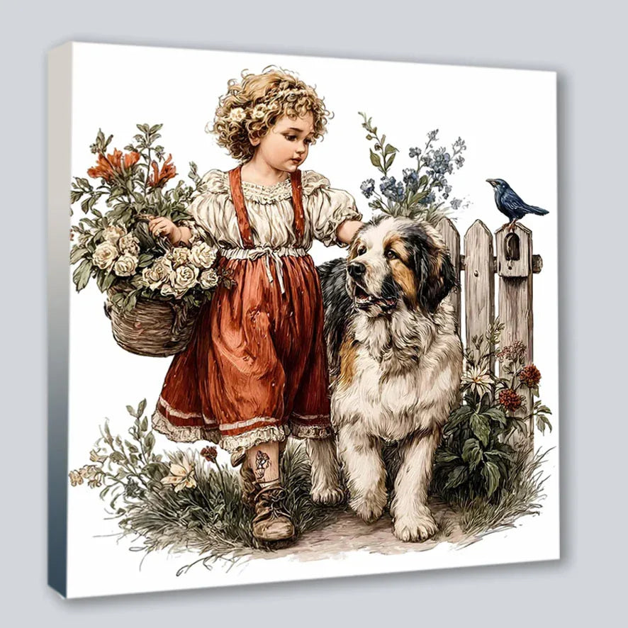 Wandbild Vintage Mädchen mit Hund 5 Kunstdruck auf Leinwand | Wandbild Galerie