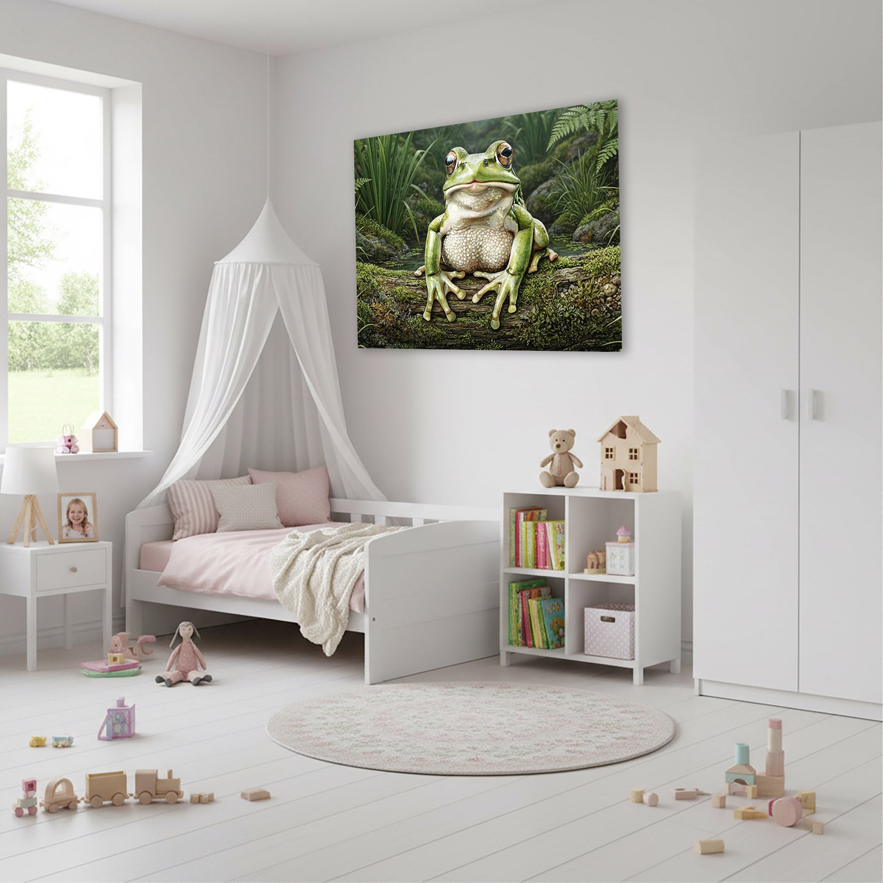 Wandbild Frosch Hellgrün Moosiger Ast Schilf Teich Kunstdruck auf Leinwand