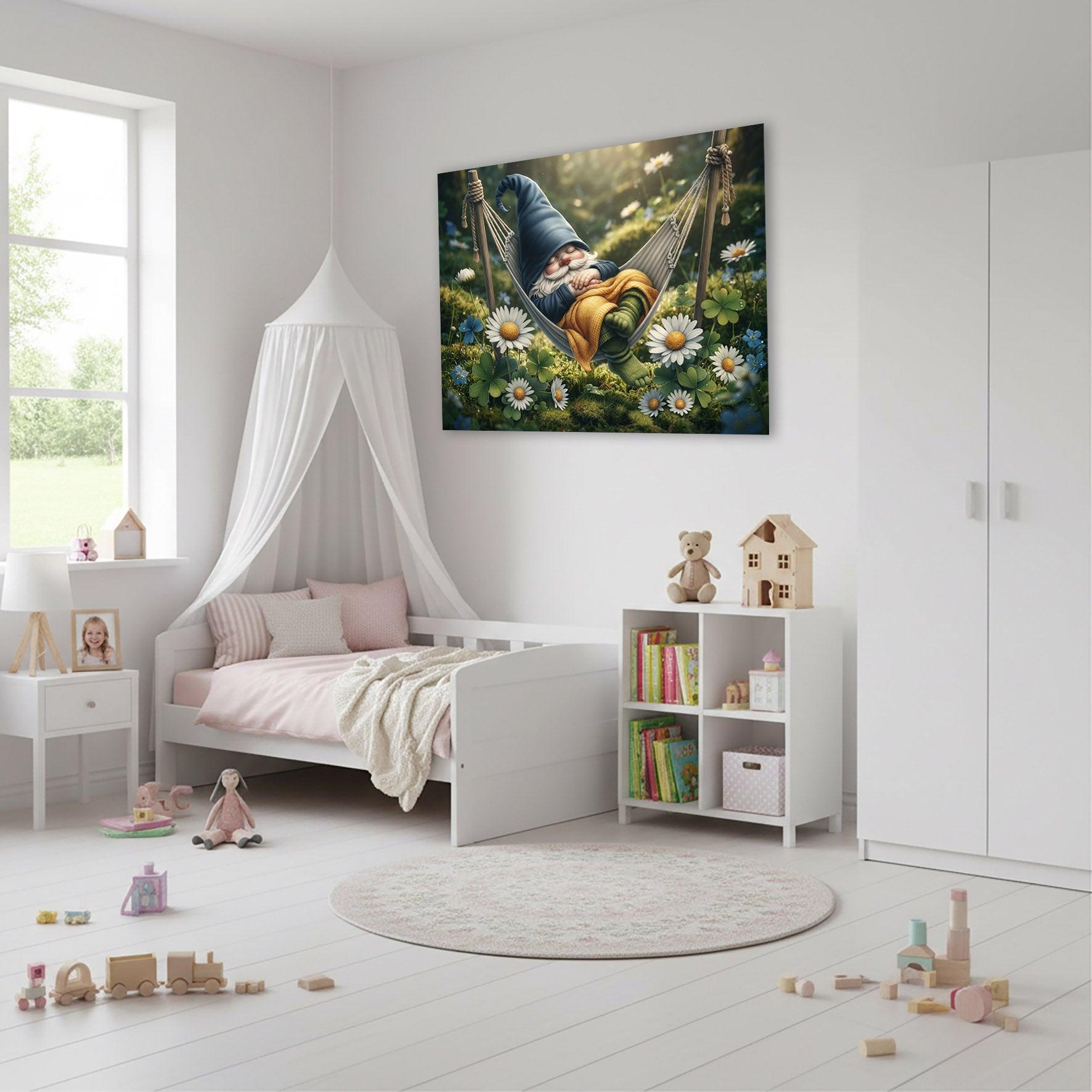 Wandbild Wichtel schläft in der Hängematte Kunstdruck auf Leinwand