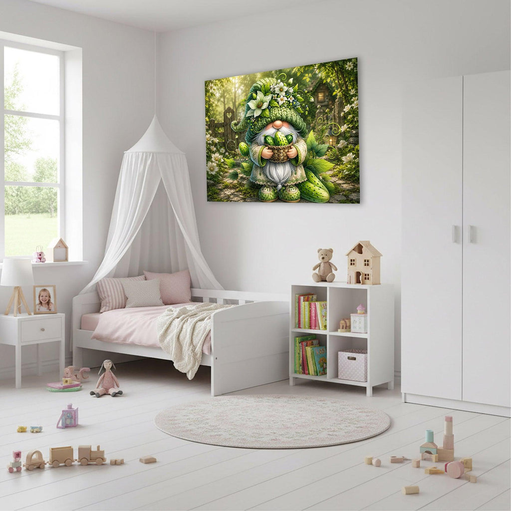 Wichtel Gärtner mit Gurkenkorb im Zaubergarten Kunstdruck auf Leinwand