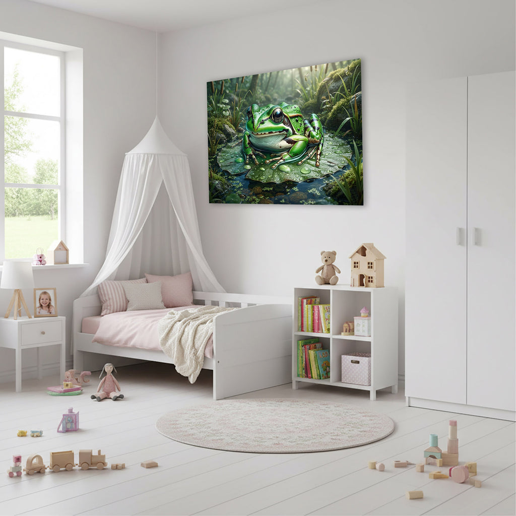 Wandbild Frosch Seerosenblatt Wassertropfen Schilf Waldlicht Kunstdruck auf Leinwand