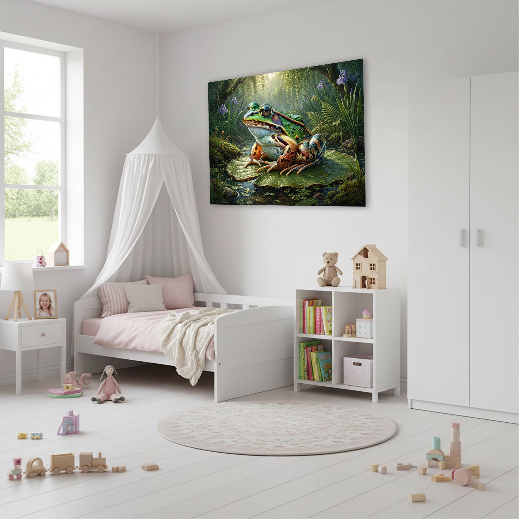 Wandbild Frosch Seerosenblatt Lila Iris Weidenzweige Gegenlicht Kunstdruck auf Leinwand