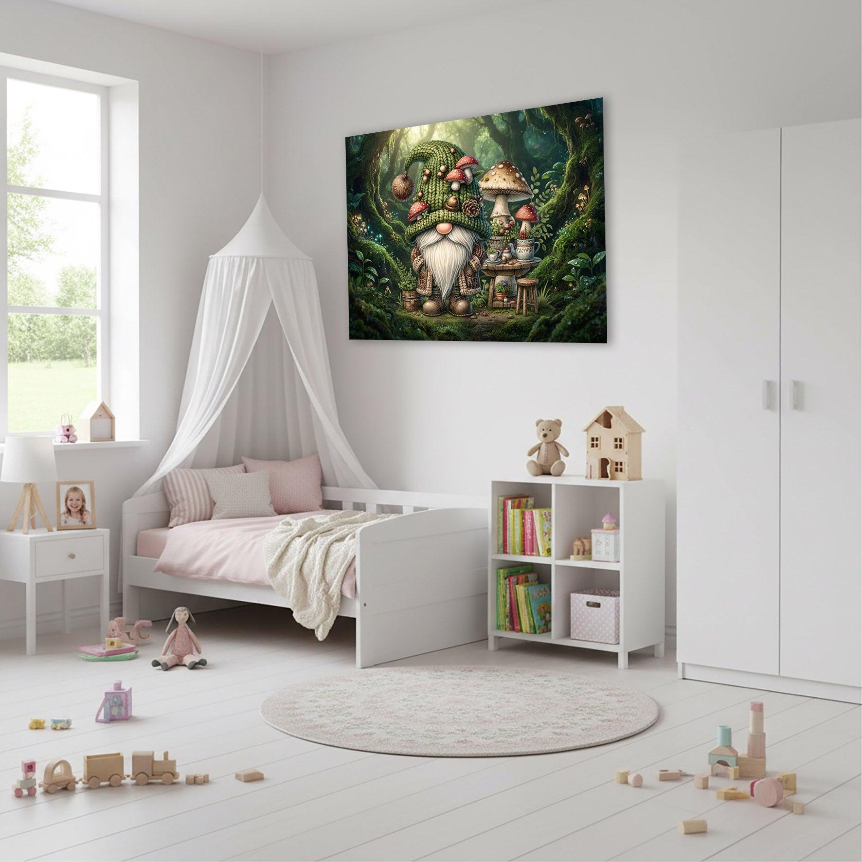 Wandbild Wichtel beim Waldtee im Zauberwald Kunstdruck auf Leinwand